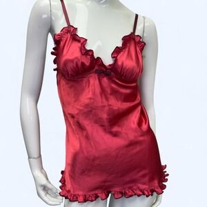 Y2K red satin slip, Cinema Etoile, Springwear, ruffle hem